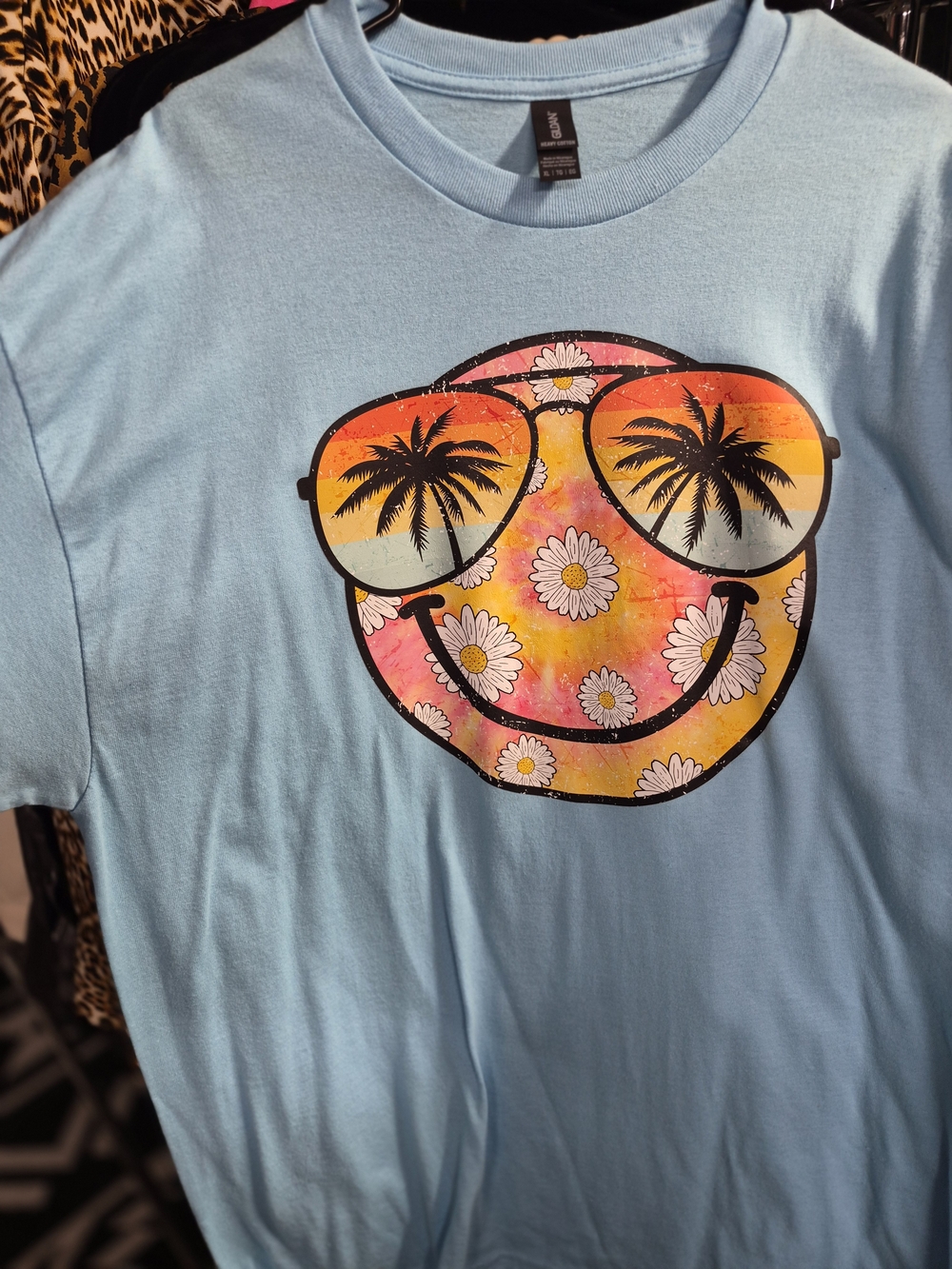 Light Blue Graphic Tee with Tropical Smiley